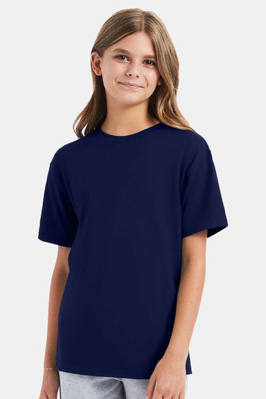 Hanes 498Y Youth Perfect-T Short Sleeve Crewneck T-Shirt Navy Blue Model Front