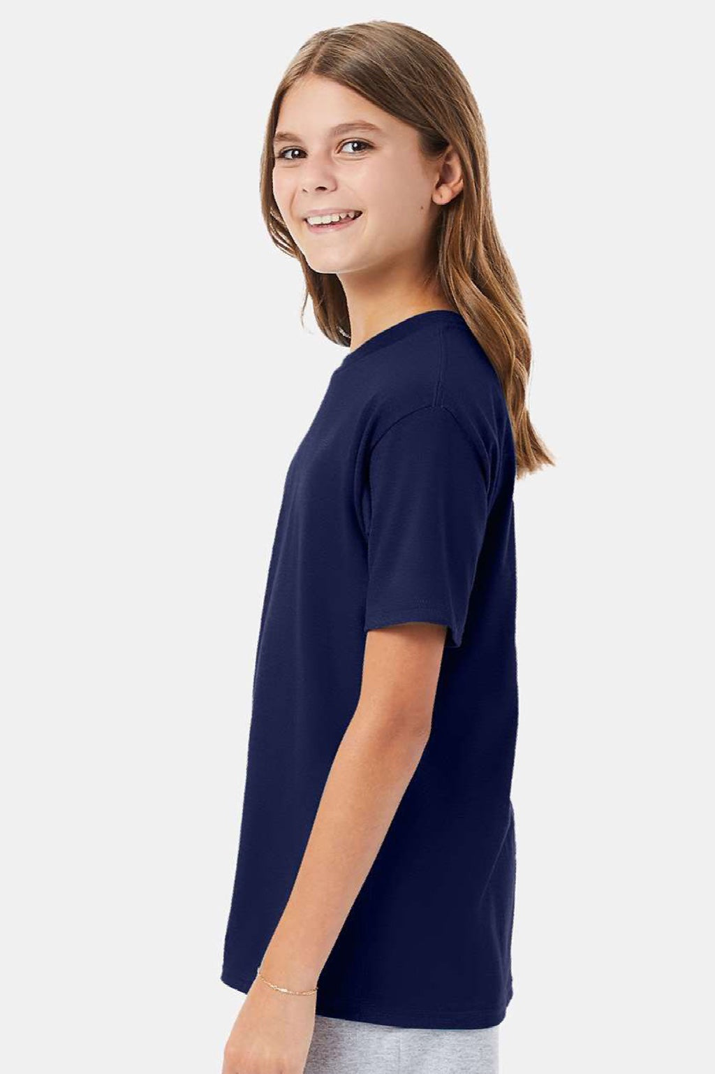 Hanes 498Y Youth Perfect-T Short Sleeve Crewneck T-Shirt Navy Blue Model Side