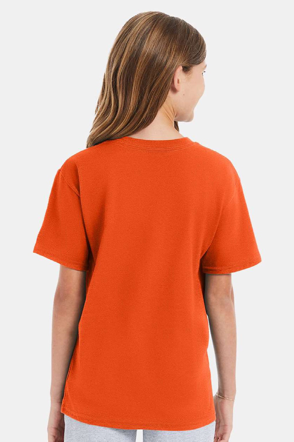 Hanes 498Y Youth Perfect-T Short Sleeve Crewneck T-Shirt Orange Model Back