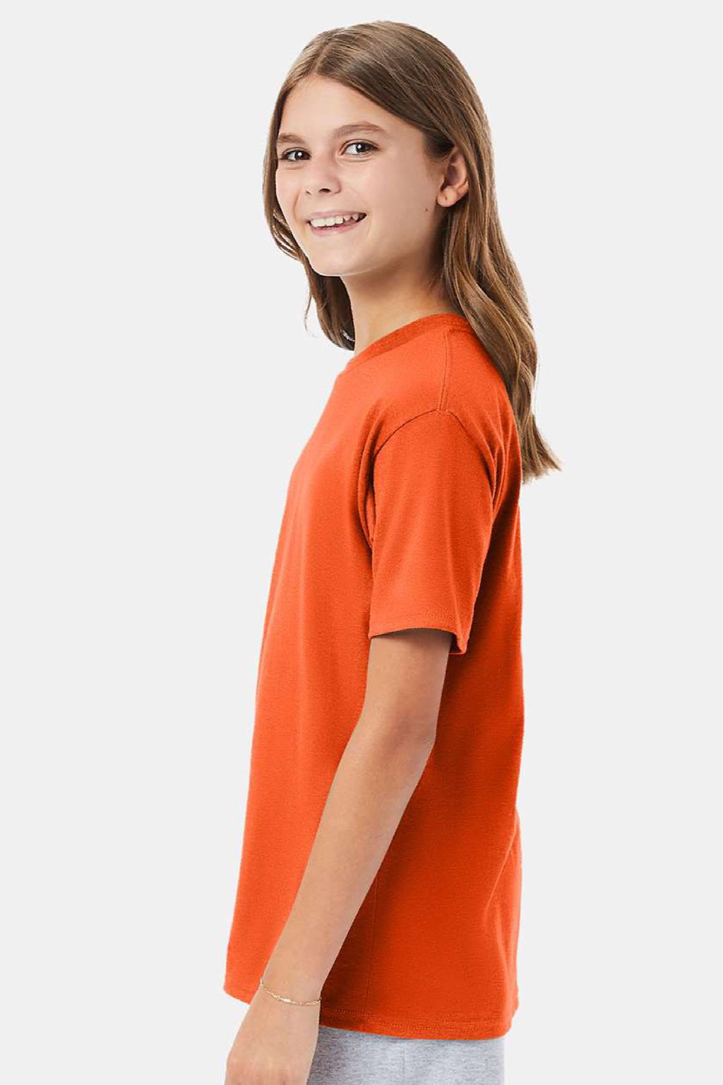 Hanes 498Y Youth Perfect-T Short Sleeve Crewneck T-Shirt Orange Model Side