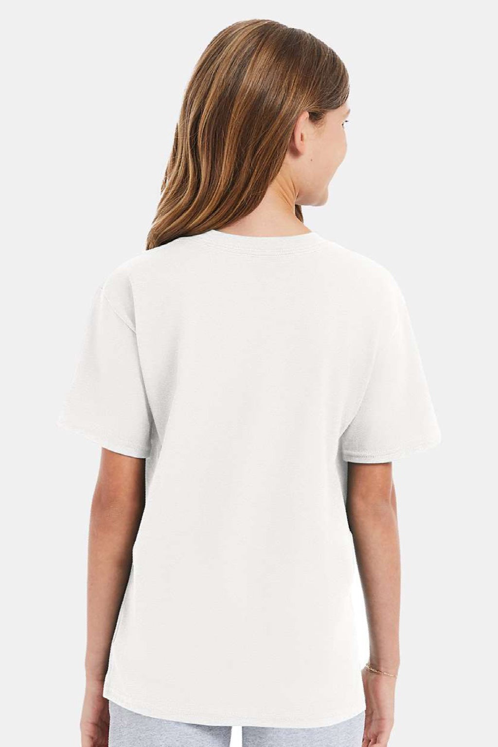 Hanes 498Y Youth Perfect-T Short Sleeve Crewneck T-Shirt White Model Back