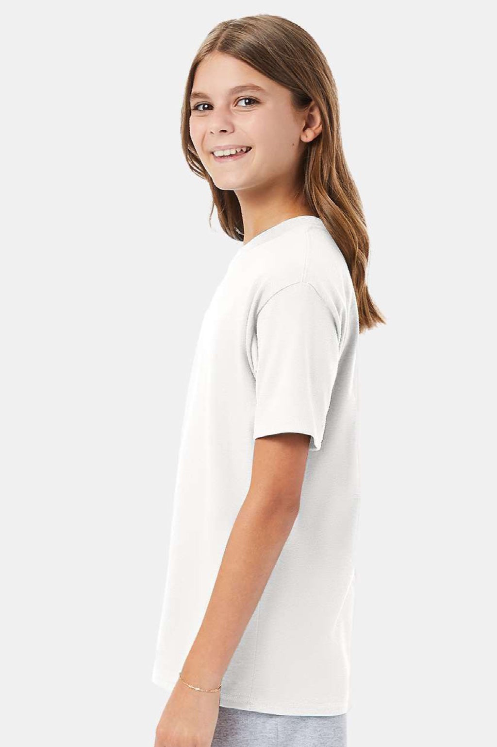 Hanes 498Y Youth Perfect-T Short Sleeve Crewneck T-Shirt White Model Side