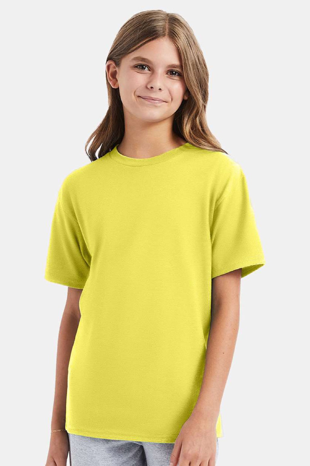 Hanes 498Y Youth Perfect-T Short Sleeve Crewneck T-Shirt Yellow Model Front
