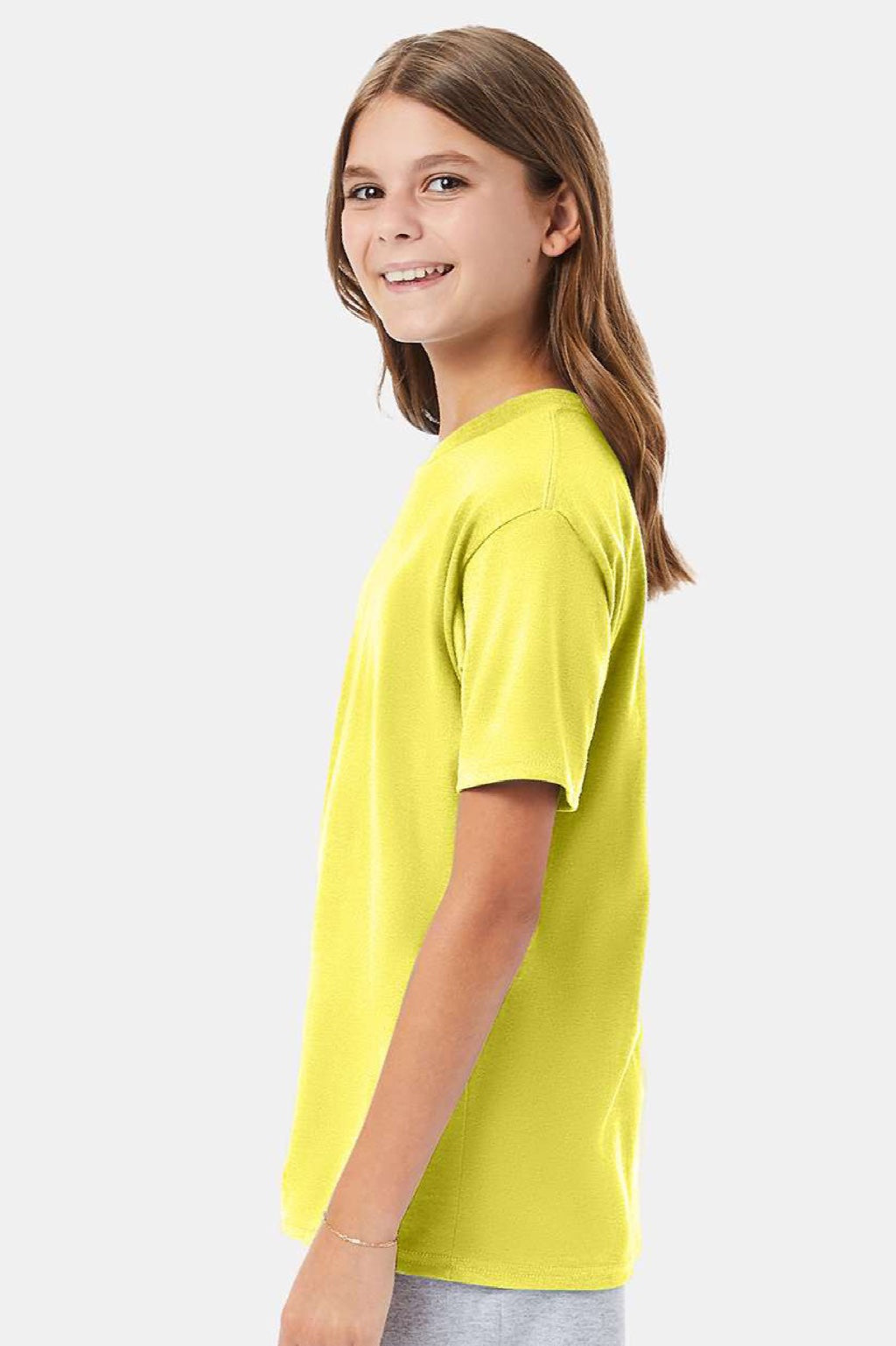 Hanes 498Y Youth Perfect-T Short Sleeve Crewneck T-Shirt Yellow Model Side
