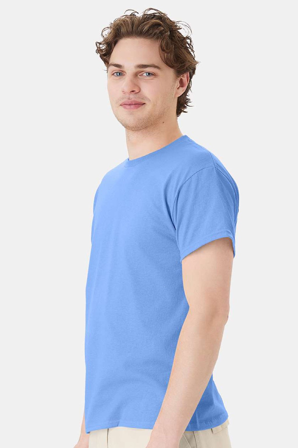 Hanes 5170 Mens EcoSmart Short Sleeve Crewneck T-Shirt Carolina Blue Model Side