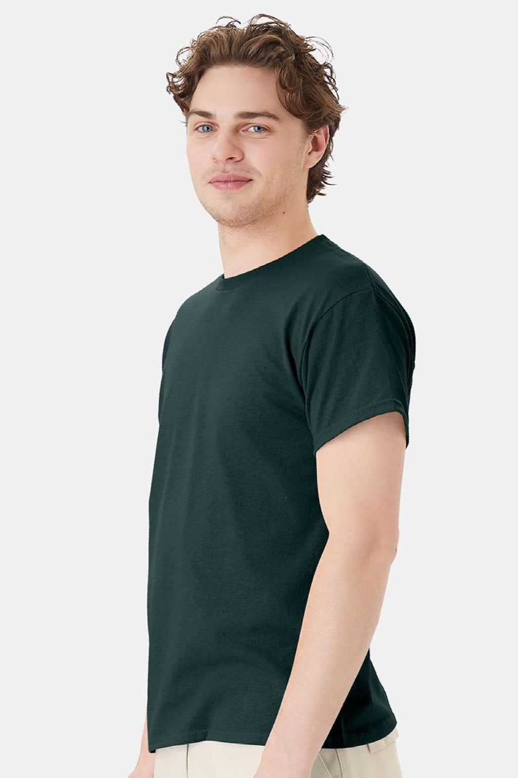Hanes 5170 Mens EcoSmart Short Sleeve Crewneck T-Shirt Deep Forest Green Model Side