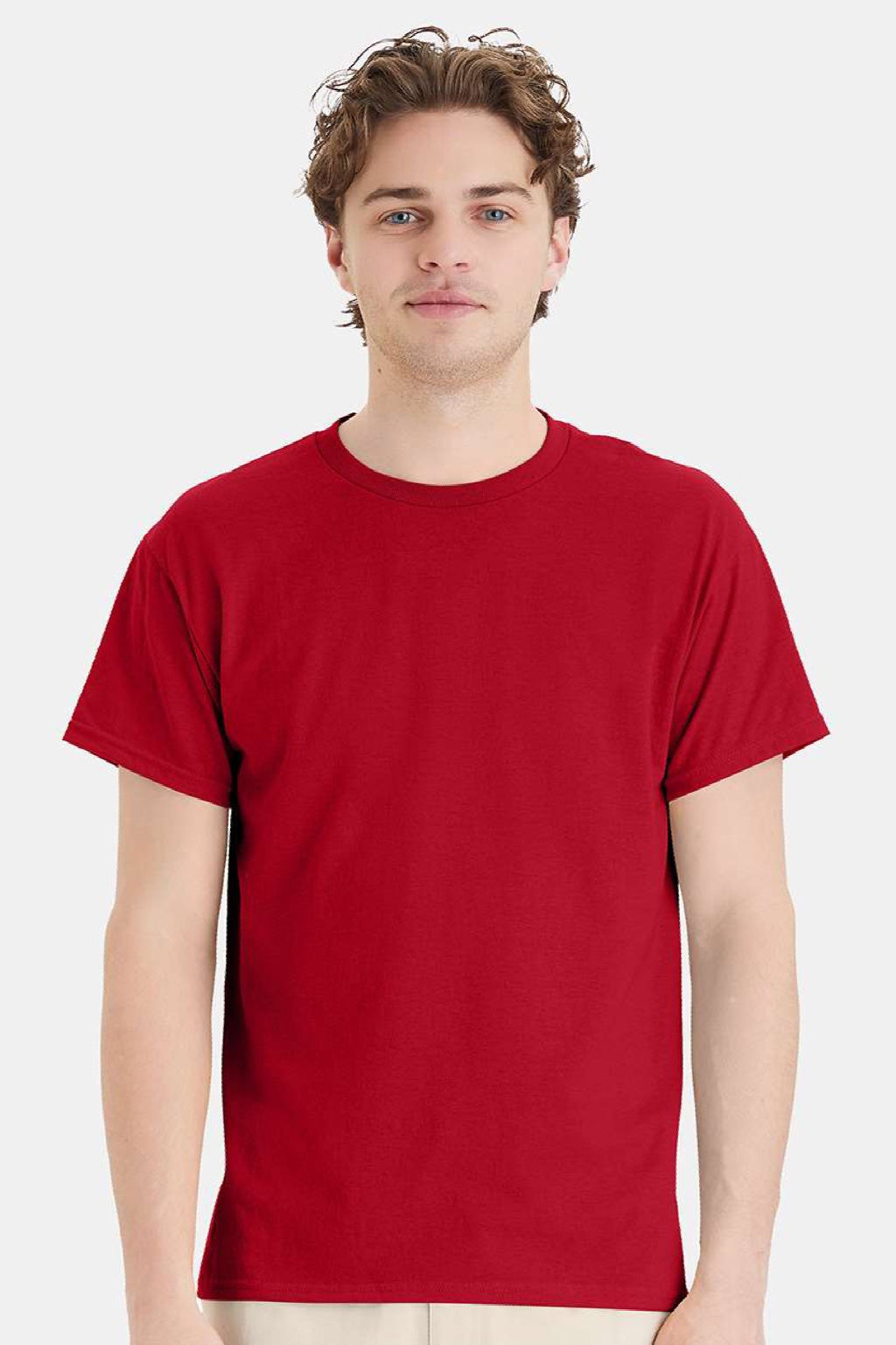 Hanes 5170 Mens EcoSmart Short Sleeve Crewneck T-Shirt Deep Red Model Front