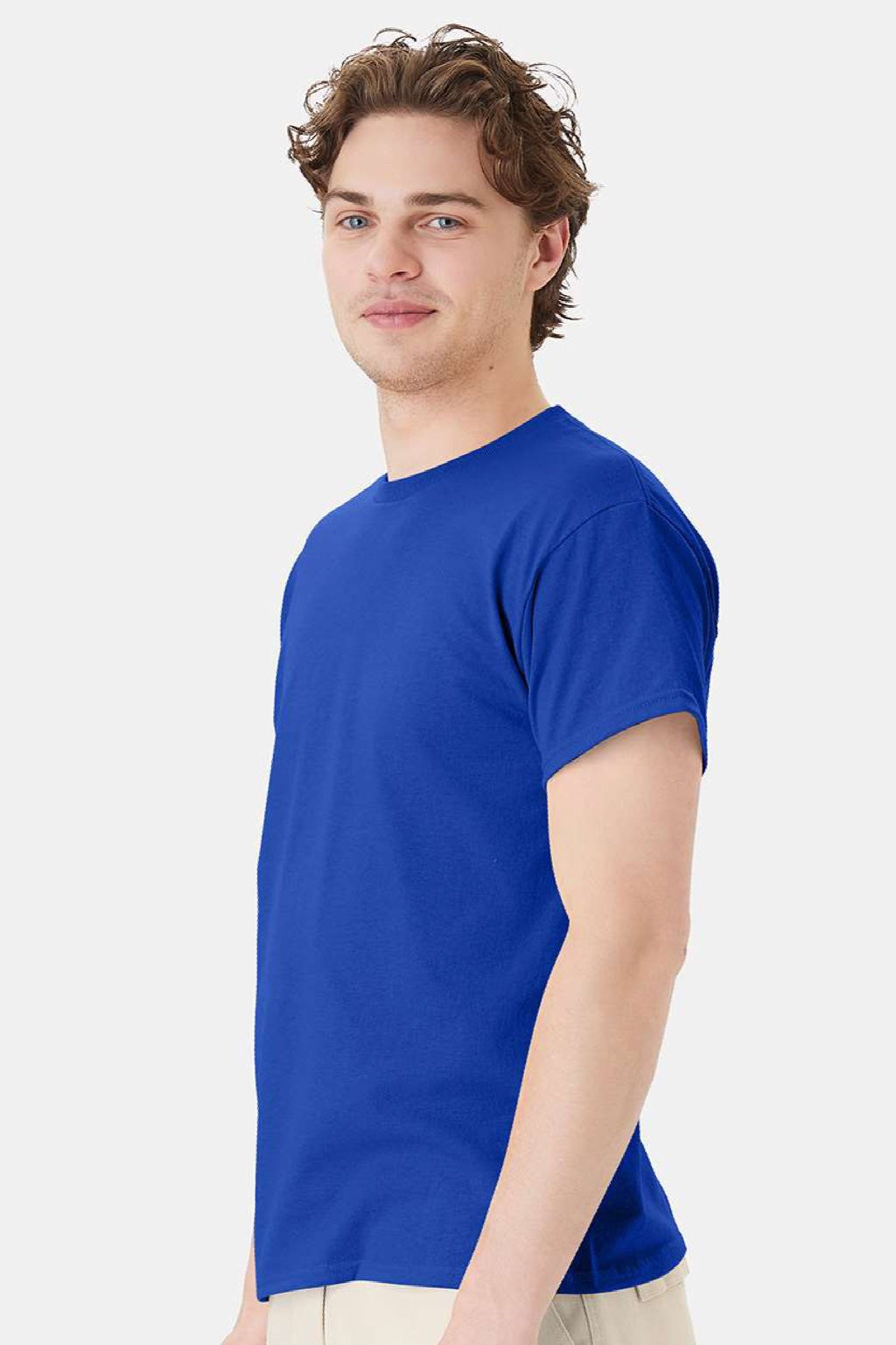 Hanes 5170 Mens EcoSmart Short Sleeve Crewneck T-Shirt Deep Royal Blue Model Side