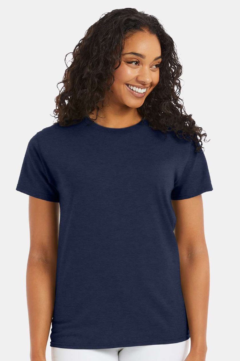 Hanes 5170 Mens EcoSmart Short Sleeve Crewneck T-Shirt Heather Navy Blue Model Front