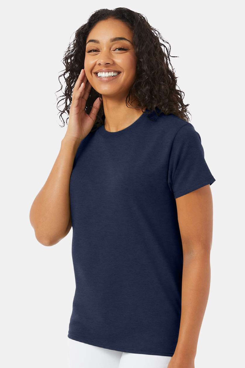 Hanes 5170 Mens EcoSmart Short Sleeve Crewneck T-Shirt Heather Navy Blue Model Side