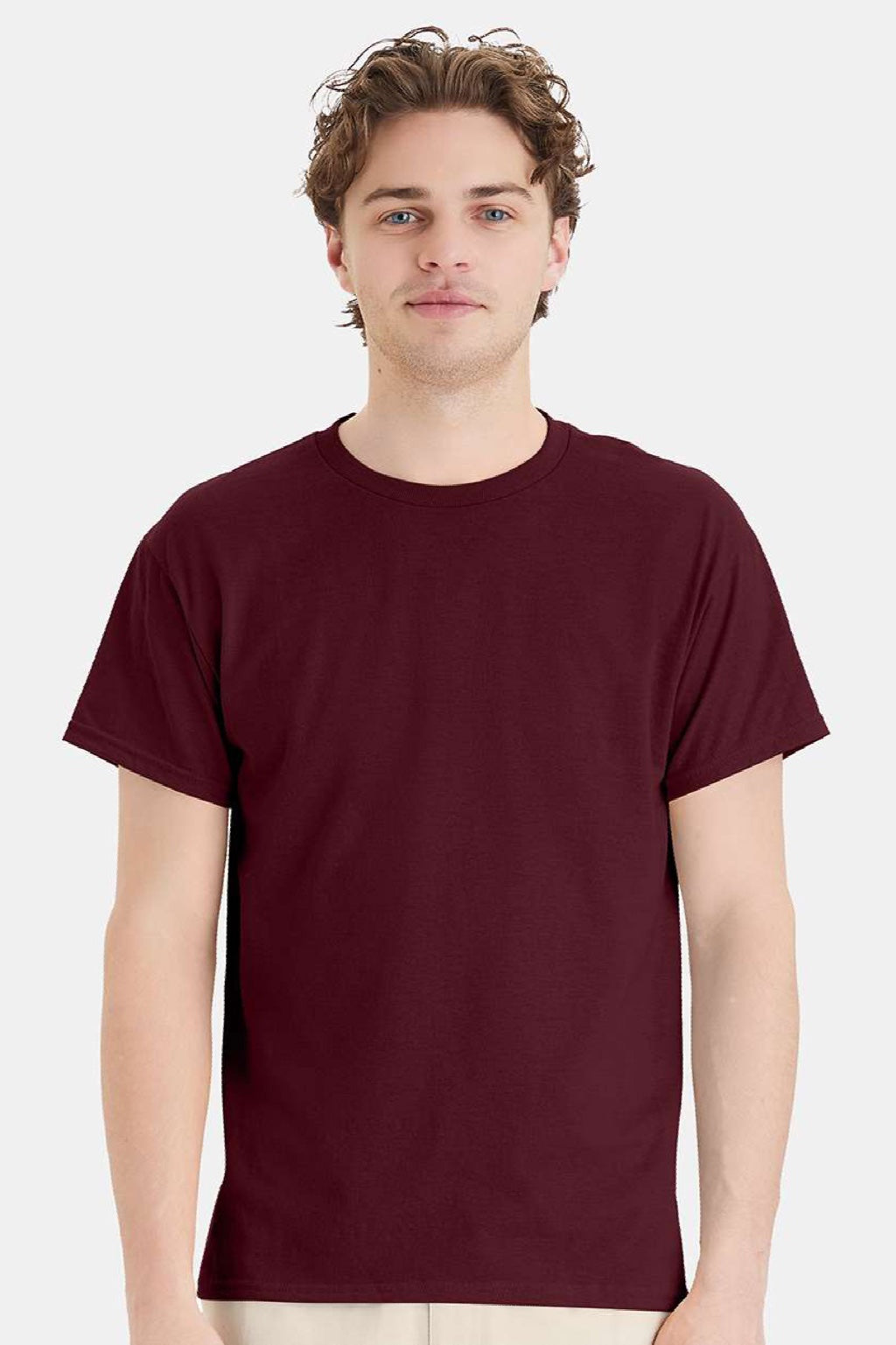 Hanes 5170 Mens EcoSmart Short Sleeve Crewneck T-Shirt Maroon Model Front