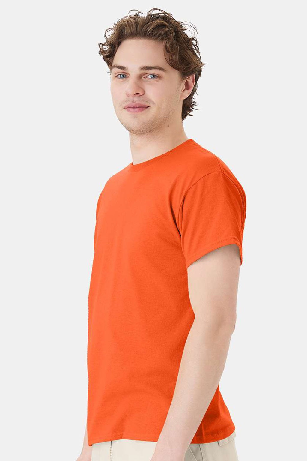 Hanes 5170 Mens EcoSmart Short Sleeve Crewneck T-Shirt Orange Model Side