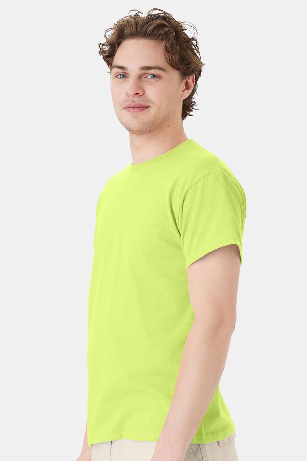 Hanes 5170 Mens EcoSmart Short Sleeve Crewneck T-Shirt Safety Green Model Side