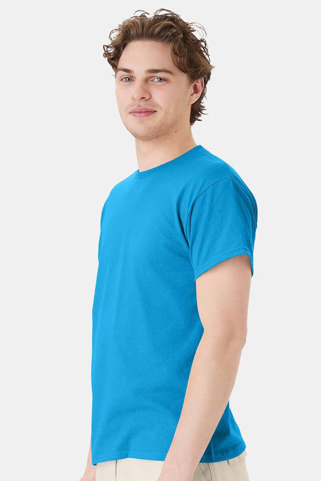 Hanes 5170 Mens EcoSmart Short Sleeve Crewneck T-Shirt Teal Blue Model Side