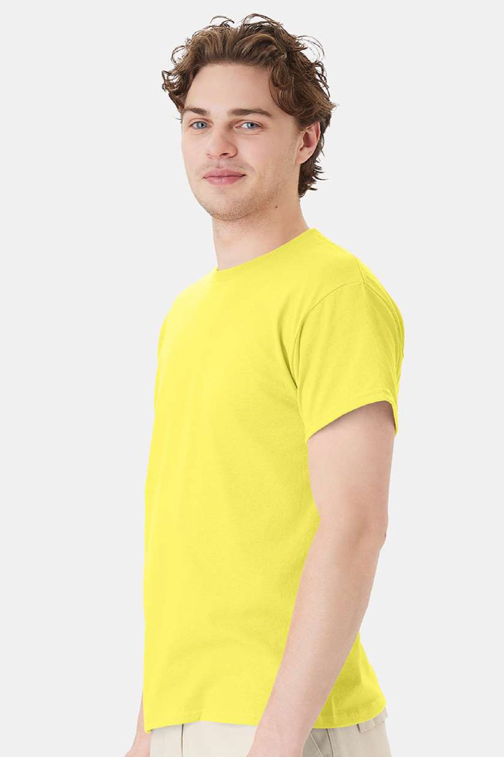 Hanes 5170 Mens EcoSmart Short Sleeve Crewneck T-Shirt Yellow Model Side