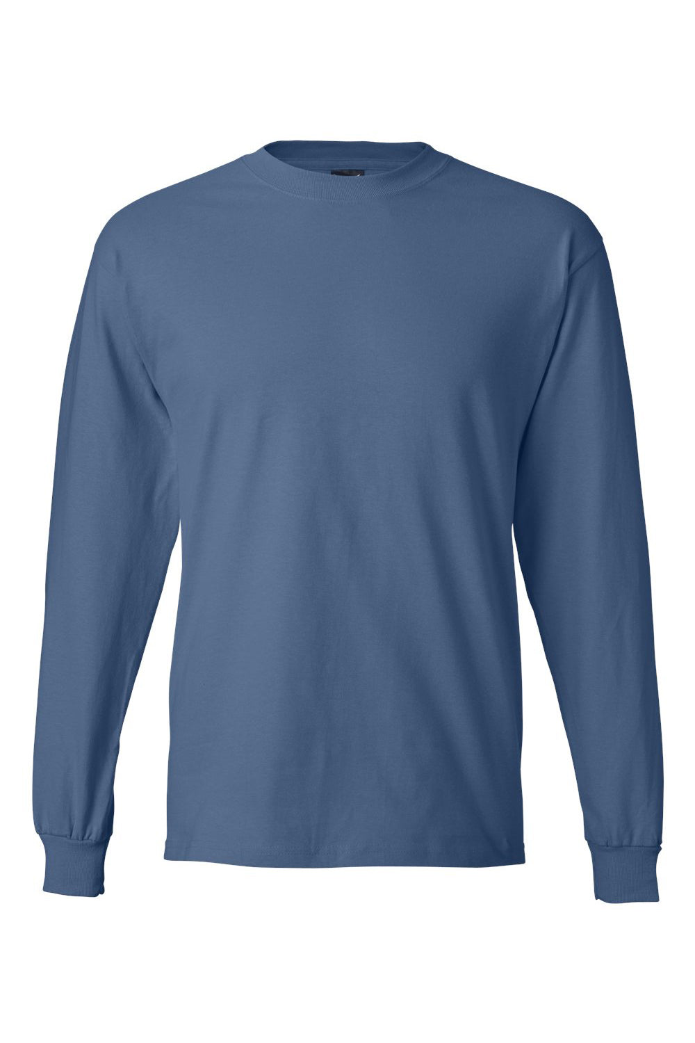 Hanes 5186 Mens Beefy-T Long Sleeve Crewneck T-Shirt Denim Blue Flat Front