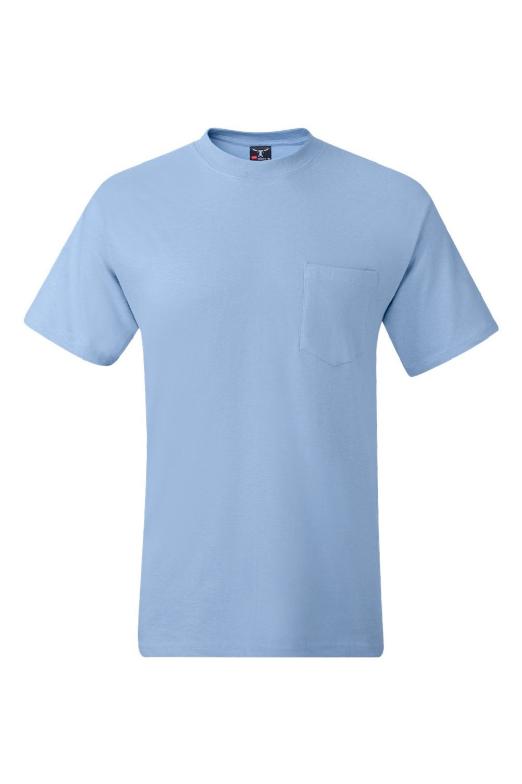 Hanes 5190 Mens Beefy-T Short Sleeve Crewneck T-Shirt w/ Pocket Light Blue Flat Front