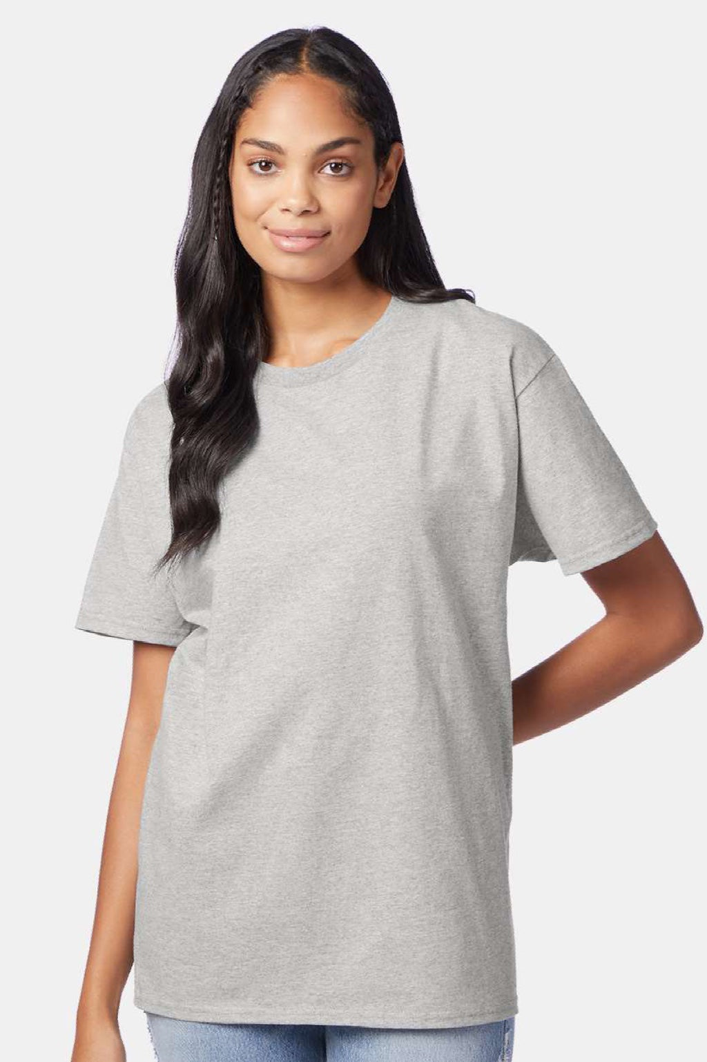 Hanes 5250 Mens Authentic Short Sleeve Crewneck T-Shirt Ash Grey Model Front