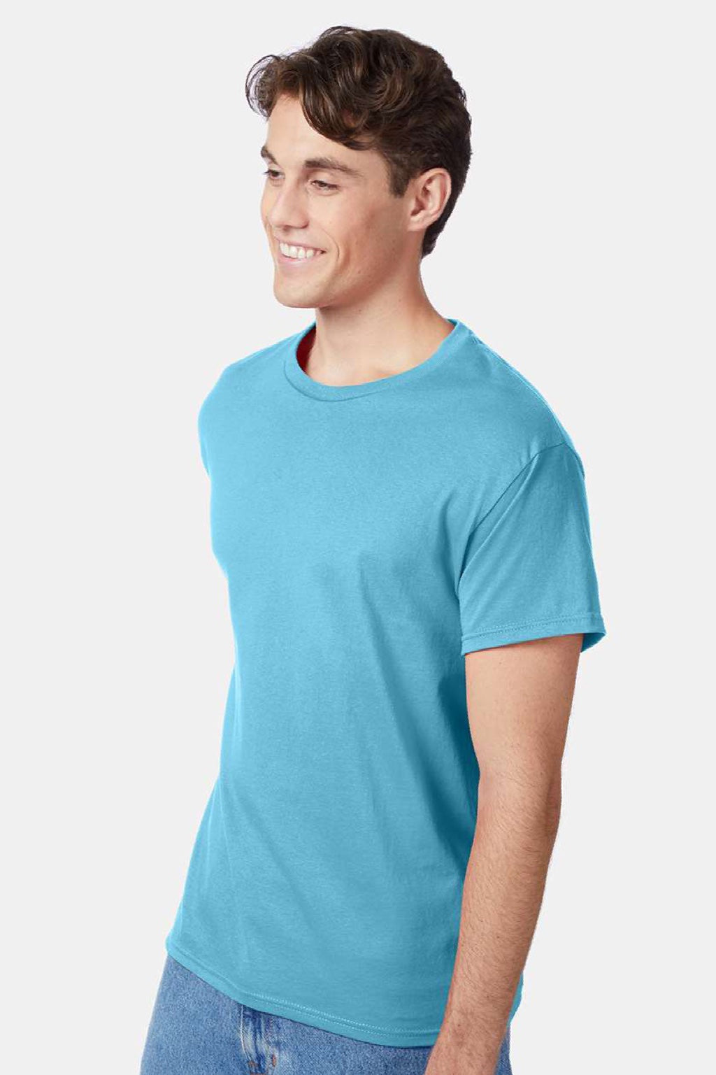 Hanes 5250 Mens Authentic Short Sleeve Crewneck T-Shirt Blue Horizon Model Side