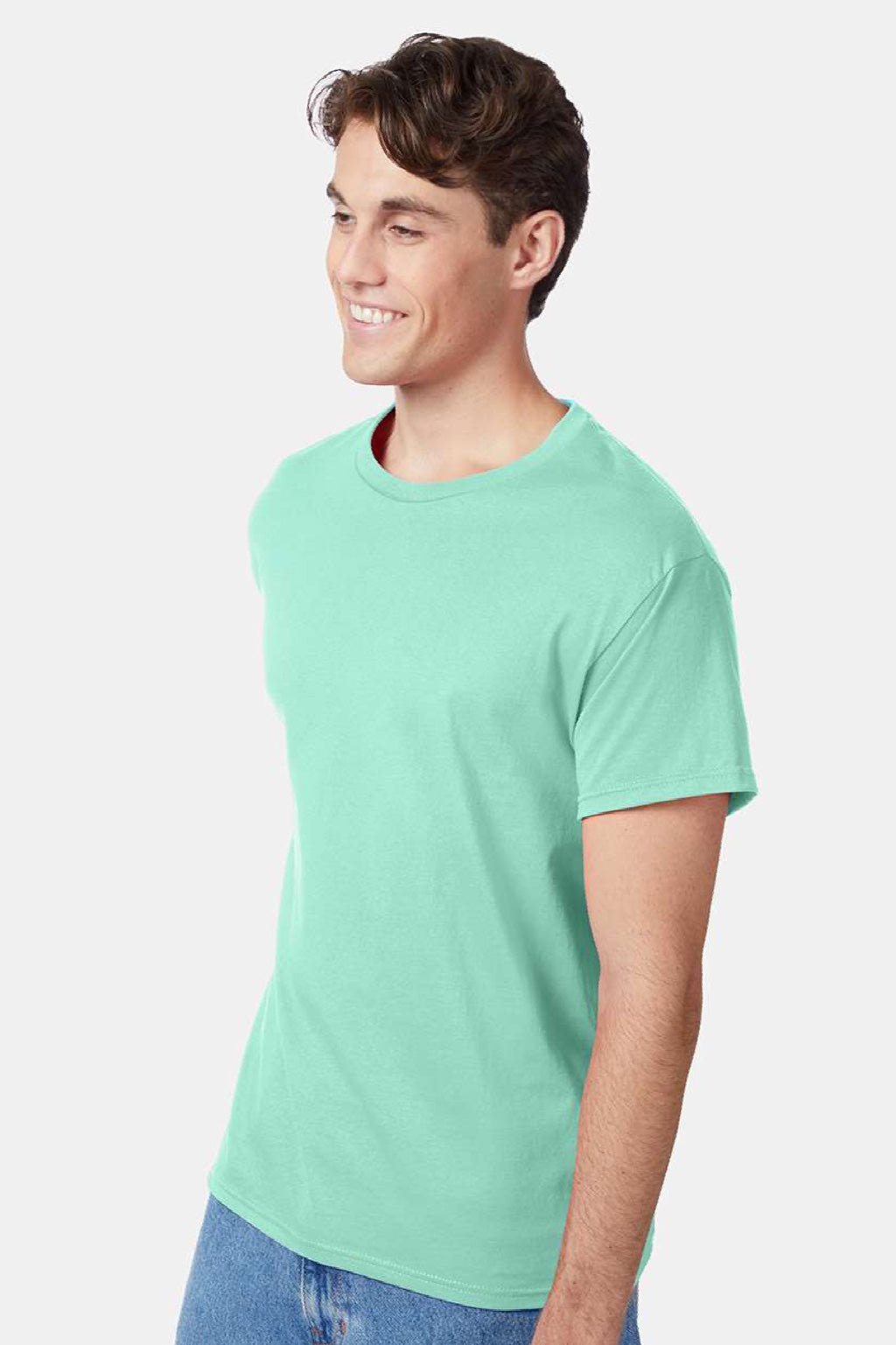 Hanes 5250 Mens Authentic Short Sleeve Crewneck T-Shirt Clean Mint Green Model Side