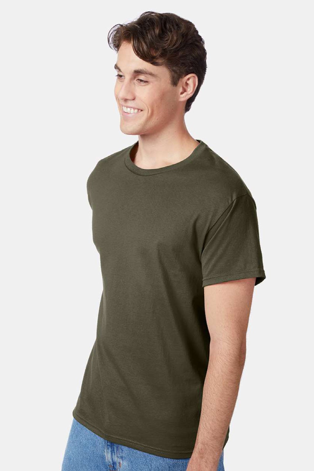 Hanes 5250 Mens Authentic Short Sleeve Crewneck T-Shirt Fatigue Green Model Side