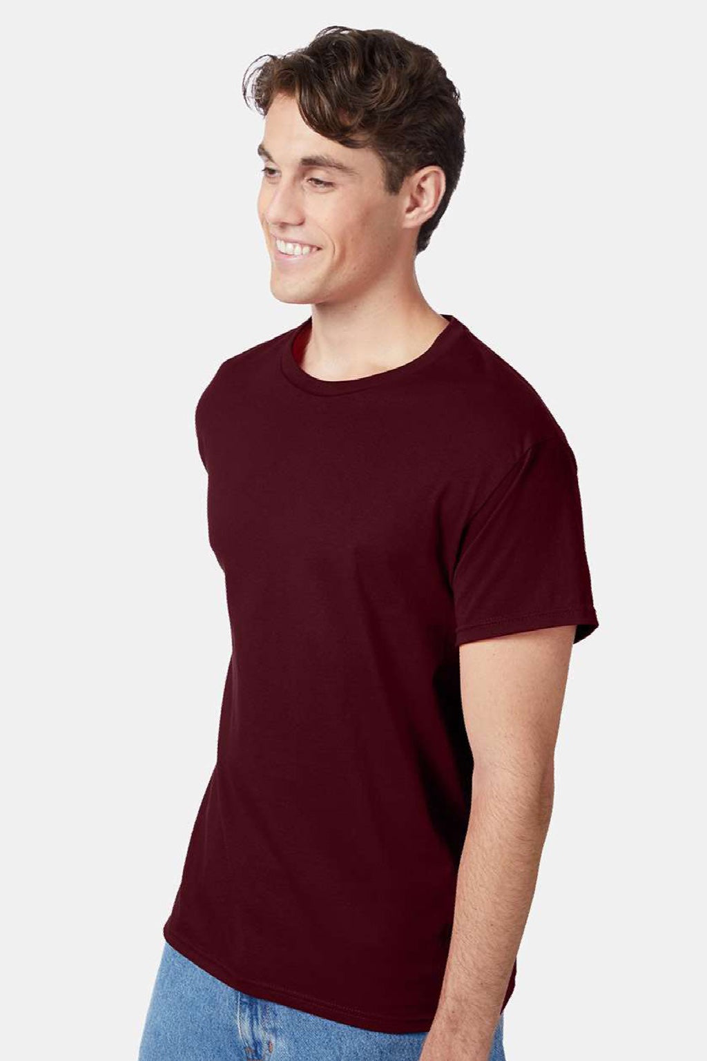 Hanes 5250 Mens Authentic Short Sleeve Crewneck T-Shirt Maroon Model Side