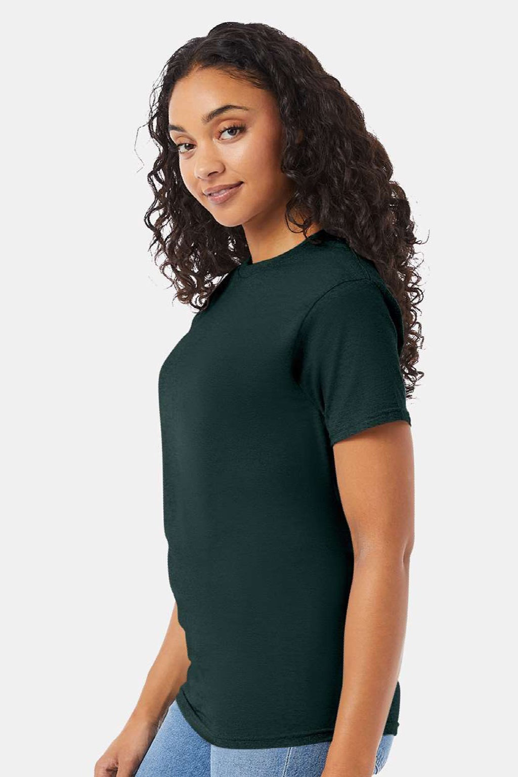 Hanes 5280 Mens Essential-T Short Sleeve Crewneck T-Shirt Deep Forest Green Model Side