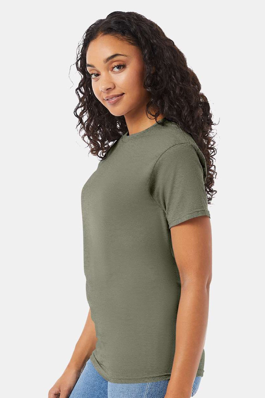 Hanes 5280 Mens Essential-T Short Sleeve Crewneck T-Shirt Fatigue Green Model Side