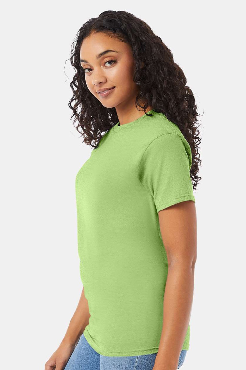 Hanes 5280 Mens Essential-T Short Sleeve Crewneck T-Shirt Lime Green Model Side