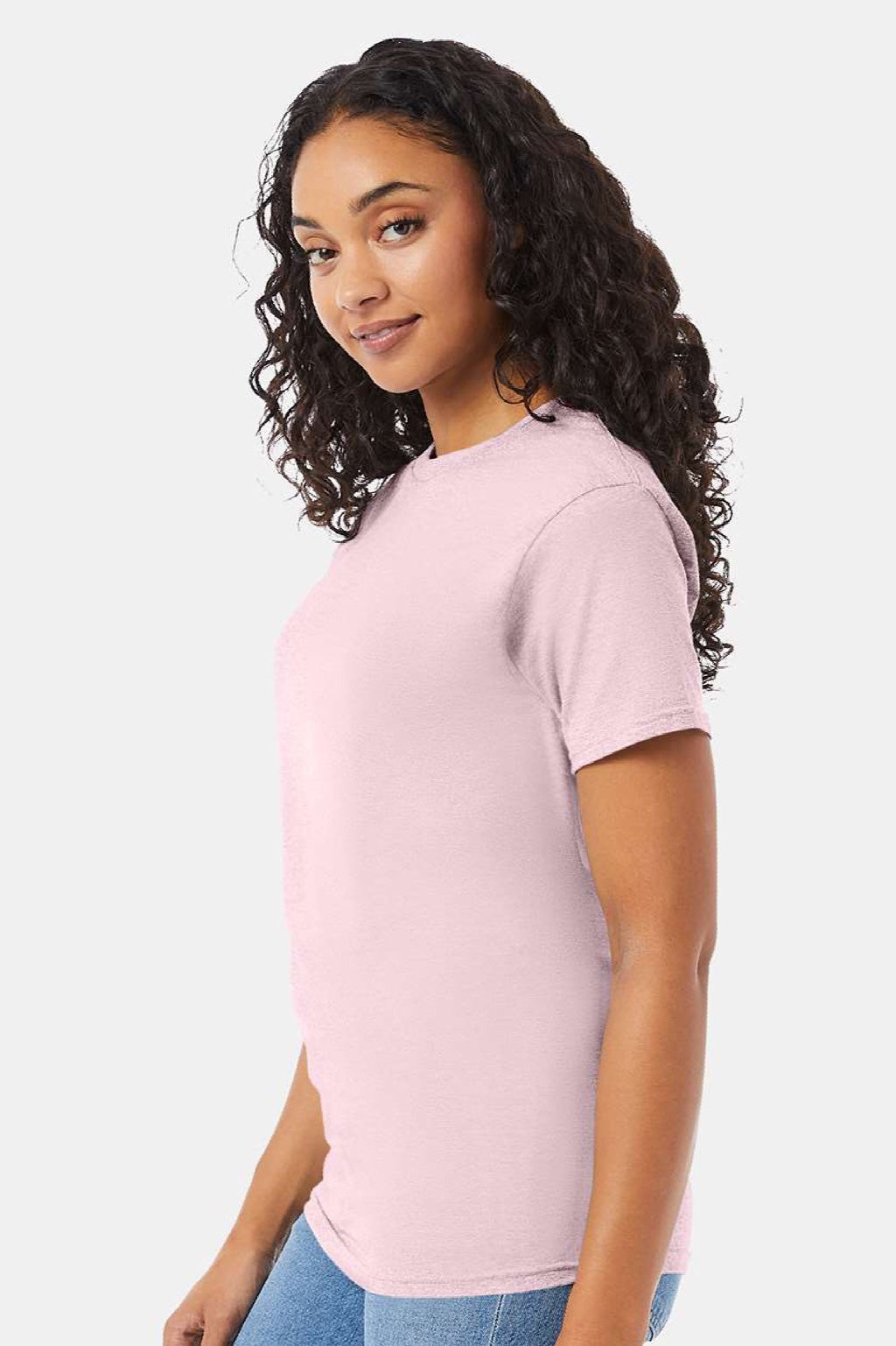 Hanes 5280 Mens Essential-T Short Sleeve Crewneck T-Shirt Pale Pink Model Side