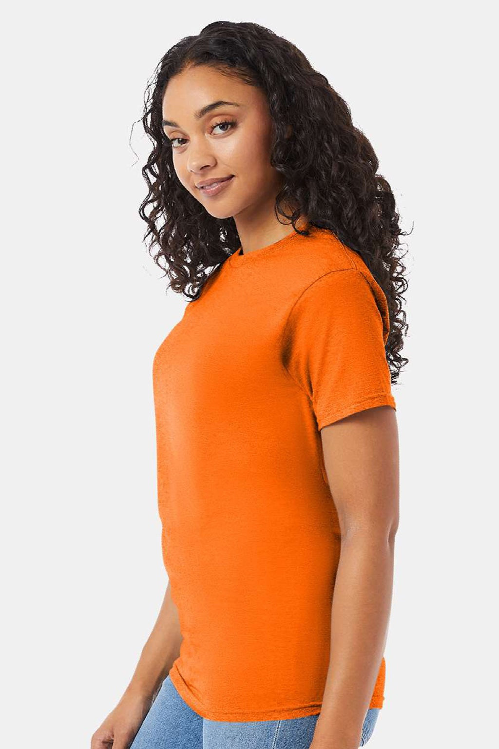 Hanes 5280 Mens Essential-T Short Sleeve Crewneck T-Shirt Safety Orange Model Side