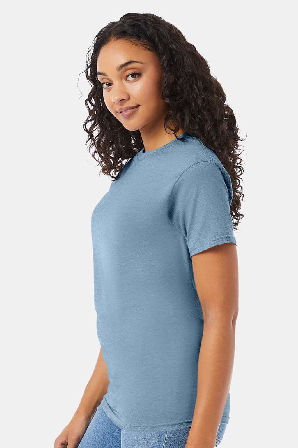 Hanes 5280 Mens Essential-T Short Sleeve Crewneck T-Shirt Stonewashed Blue Model Side