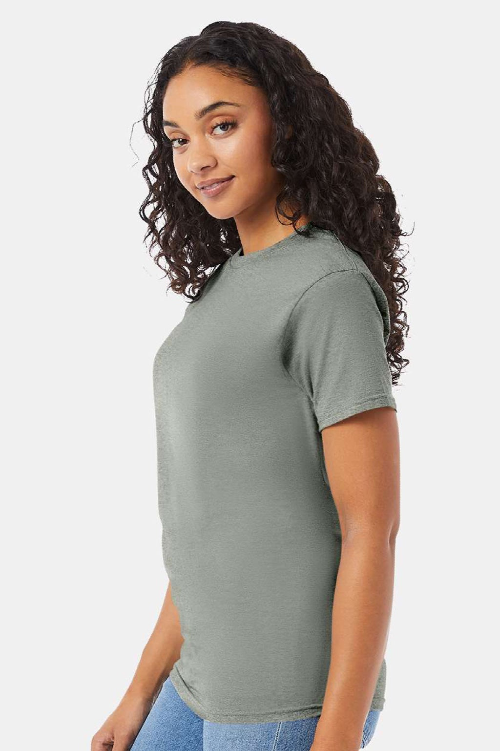 Hanes 5280 Mens Essential-T Short Sleeve Crewneck T-Shirt Stonewashed Green Model Side