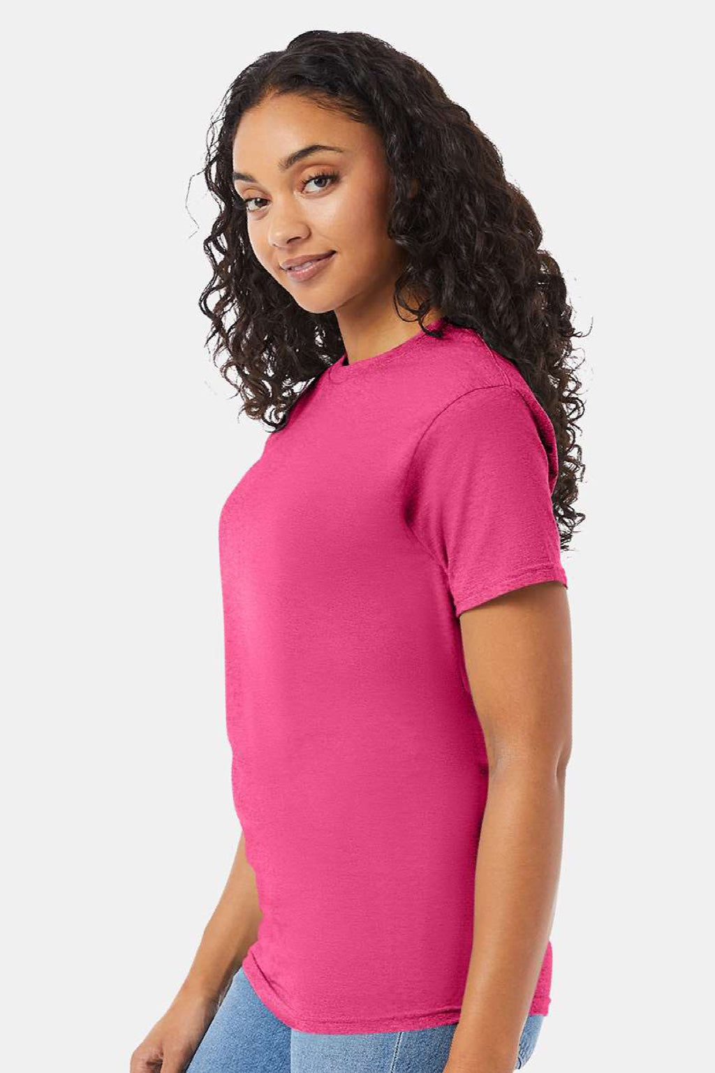 Hanes 5280 Mens Essential-T Short Sleeve Crewneck T-Shirt Wow Pink Model Side