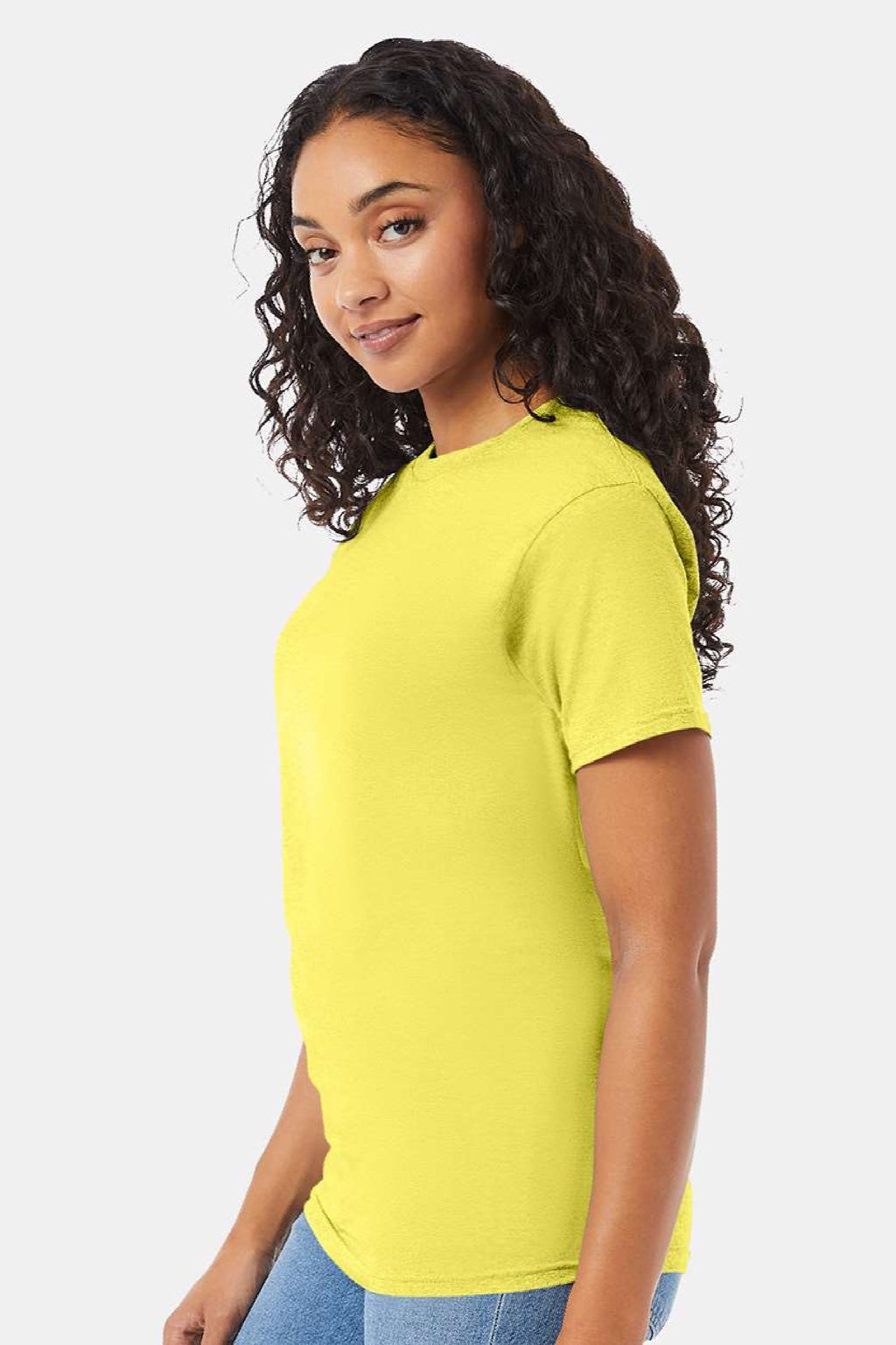 Hanes 5280 Mens Essential-T Short Sleeve Crewneck T-Shirt Yellow Model Side