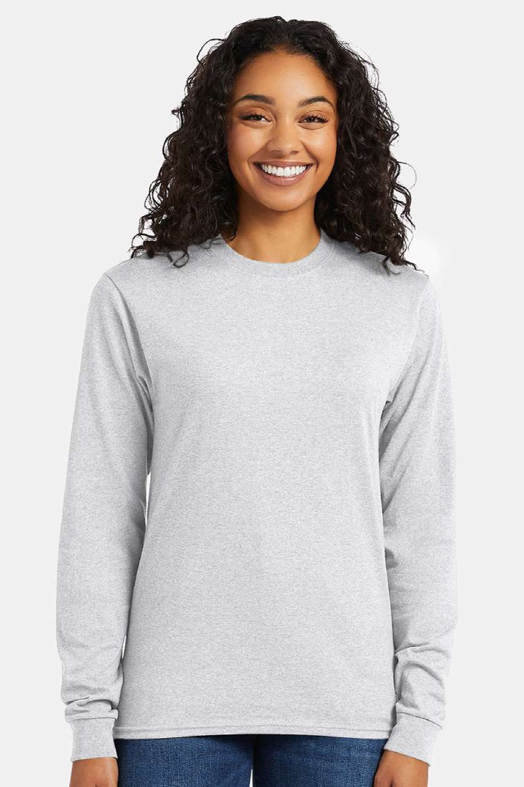 Hanes 5286 Mens Essential-T Long Sleeve Crewneck T-Shirt Ash Grey Model Front
