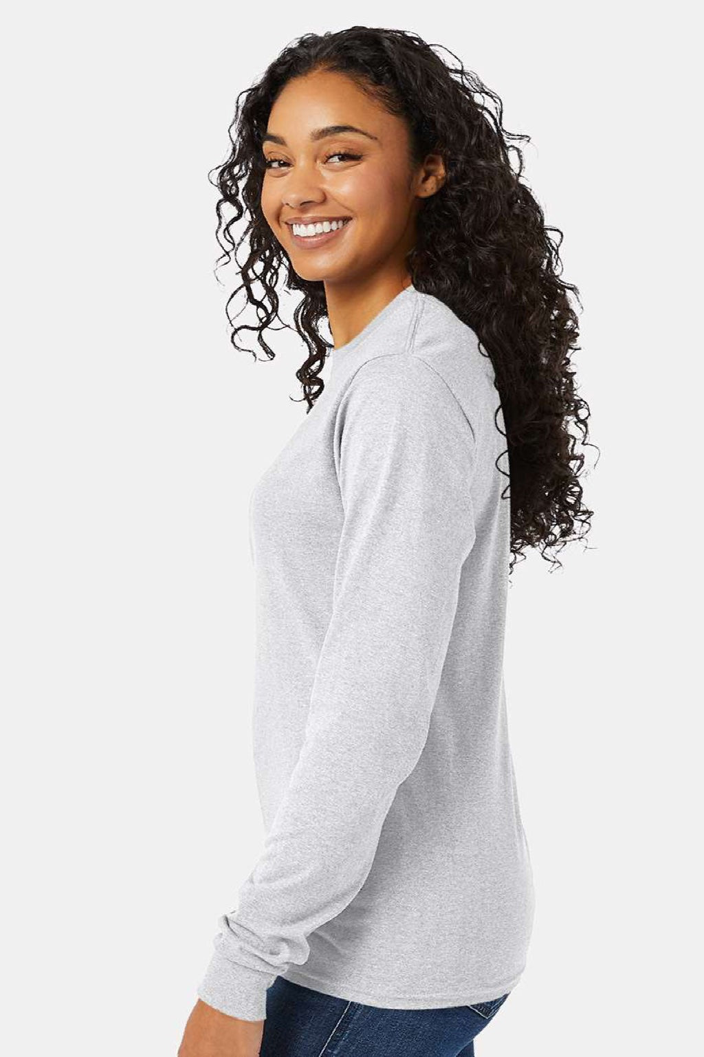 Hanes 5286 Mens Essential-T Long Sleeve Crewneck T-Shirt Ash Grey Model Side