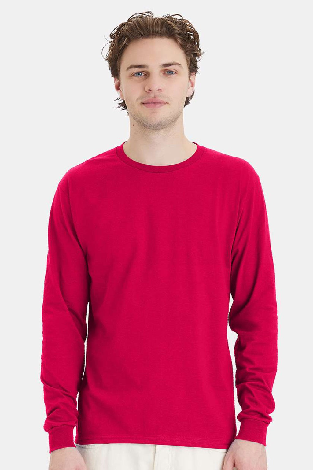 Hanes 5286 Mens Essential-T Long Sleeve Crewneck T-Shirt Athletic Crimson Red Model Front