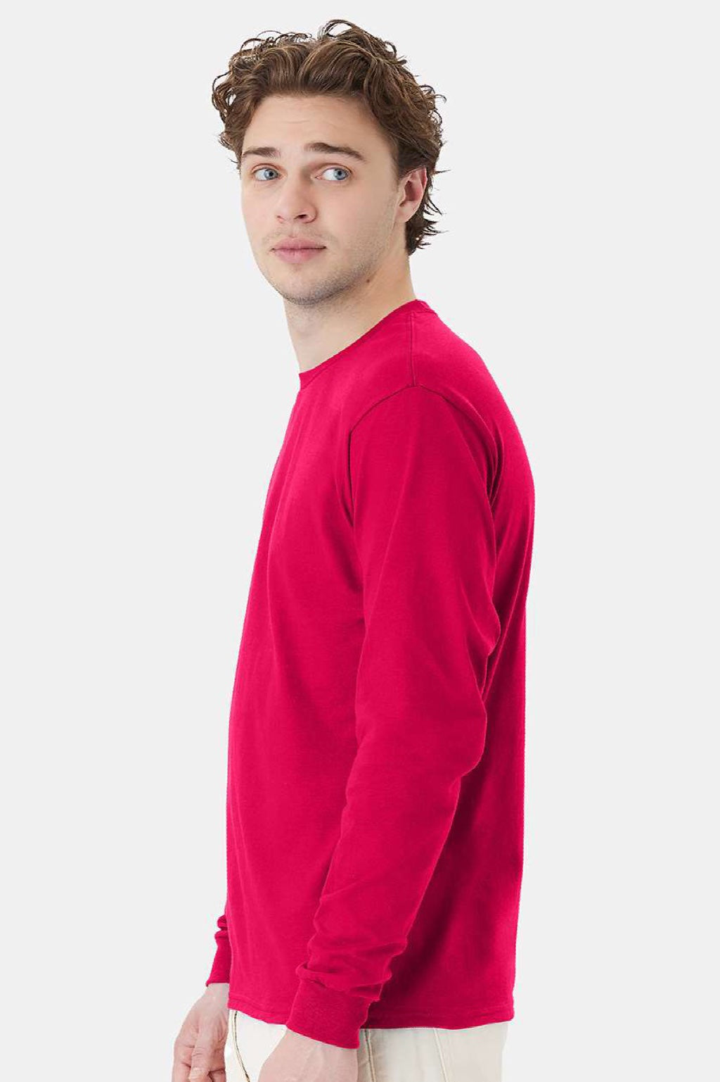Hanes 5286 Mens Essential-T Long Sleeve Crewneck T-Shirt Athletic Crimson Red Model Side