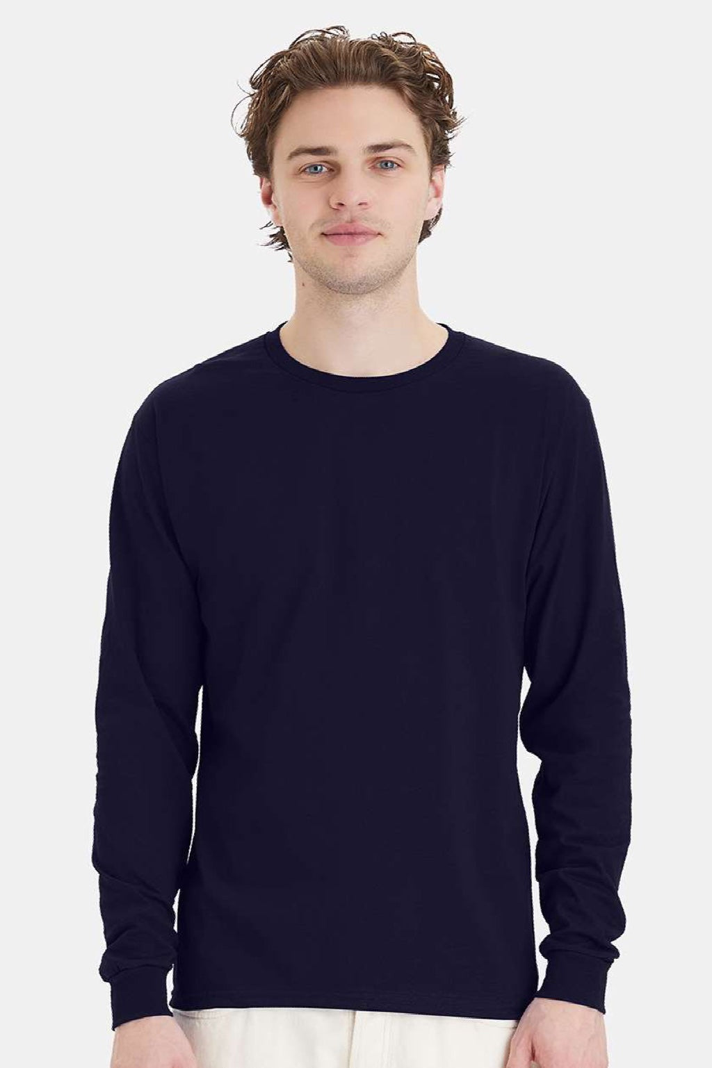Hanes 5286 Mens Essential-T Long Sleeve Crewneck T-Shirt Athletic Navy Blue Model Front