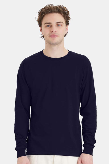 Hanes 5286 Mens Essential-T Long Sleeve Crewneck T-Shirt Athletic Navy Blue Model Front