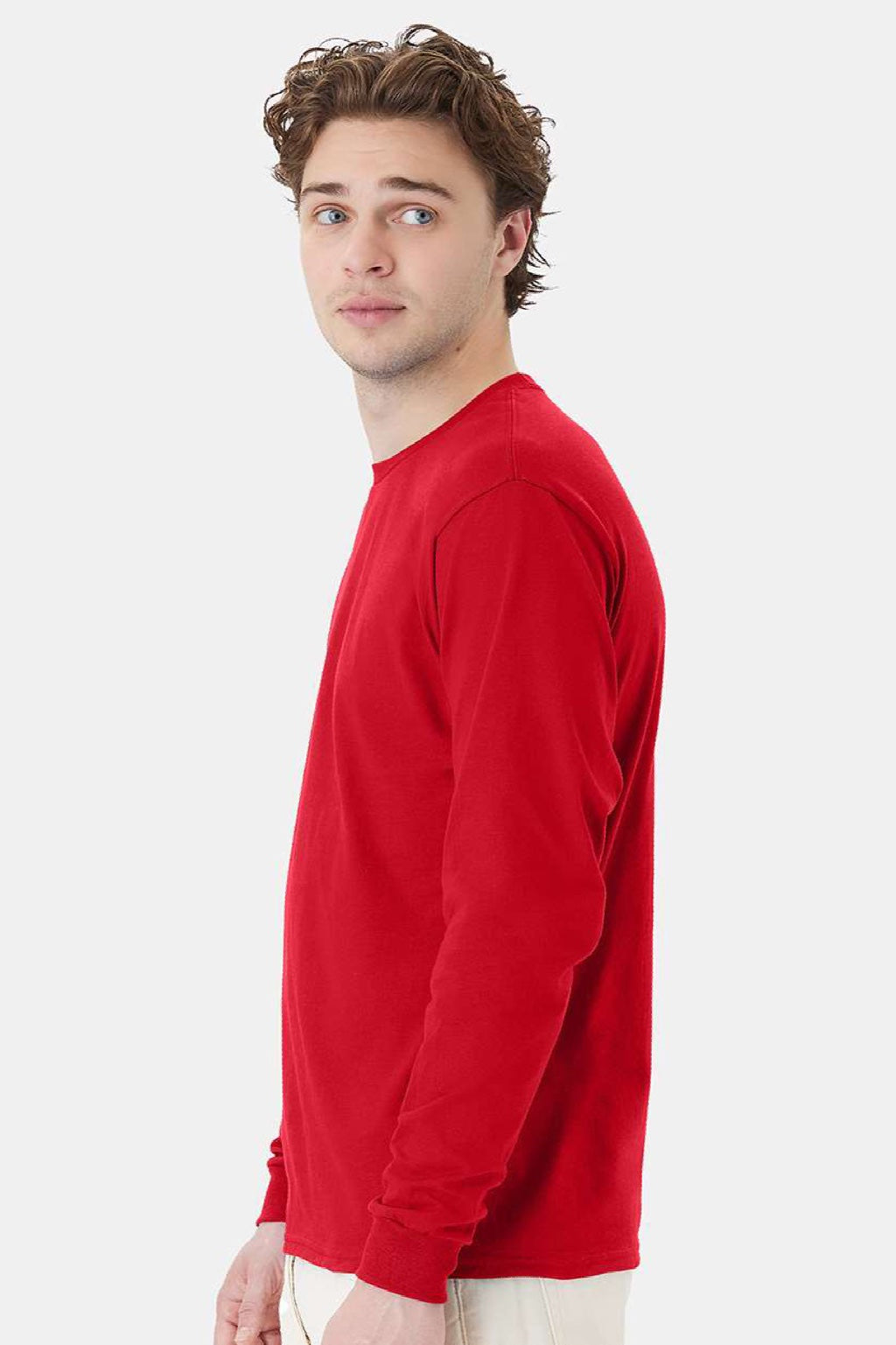 Hanes 5286 Mens Essential-T Long Sleeve Crewneck T-Shirt Athletic Red Model Side