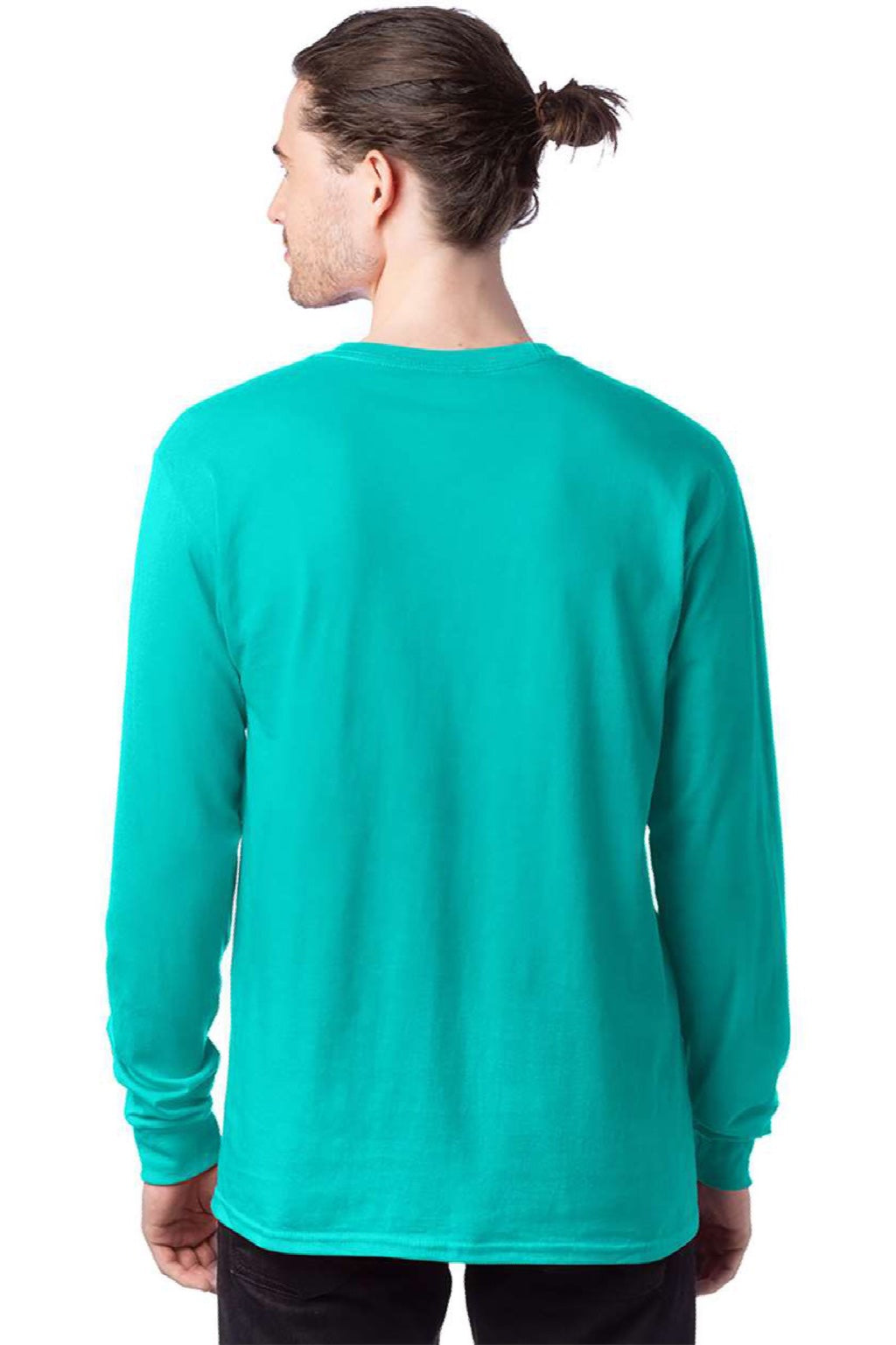 Hanes 5286 Mens Essential-T Long Sleeve Crewneck T-Shirt Athletic Teal Green Model Back