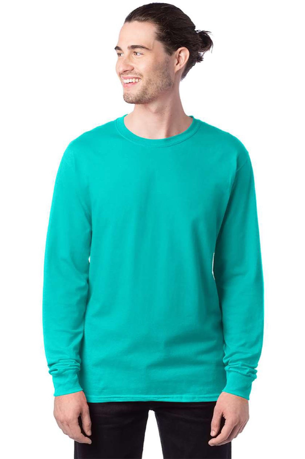 Hanes 5286 Mens Essential-T Long Sleeve Crewneck T-Shirt Athletic Teal Green Model Front