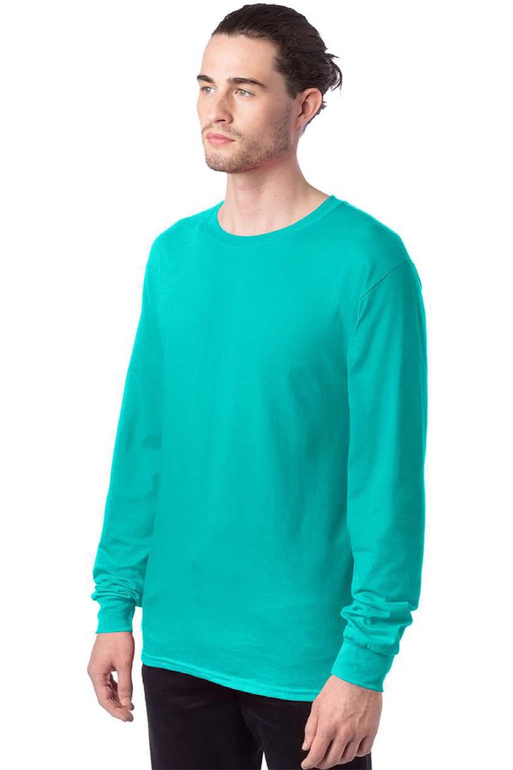 Hanes 5286 Mens Essential-T Long Sleeve Crewneck T-Shirt Athletic Teal Green Model Side