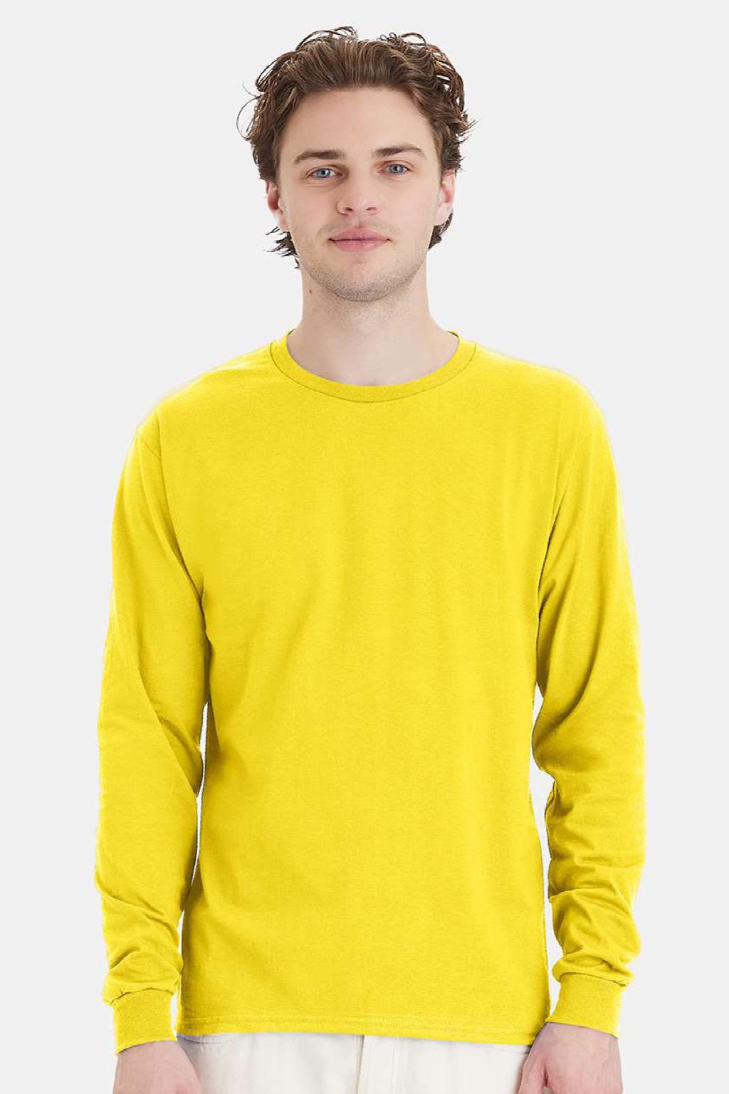 Hanes 5286 Mens Essential-T Long Sleeve Crewneck T-Shirt Athletic Yellow Model Front