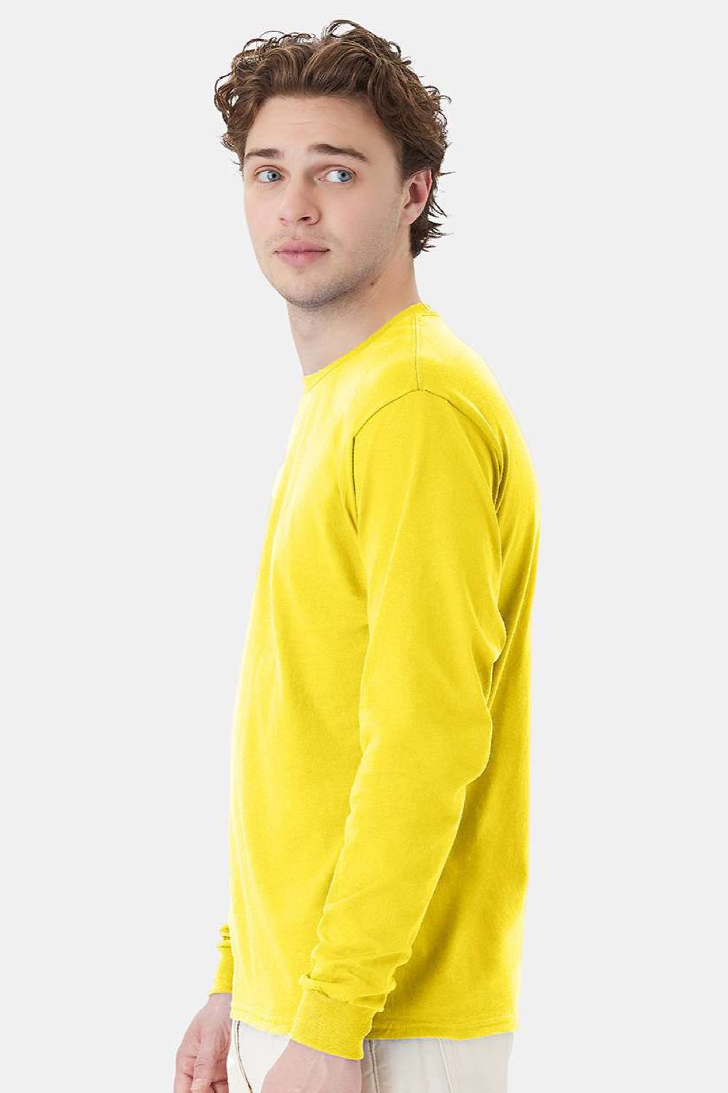 Hanes 5286 Mens Essential-T Long Sleeve Crewneck T-Shirt Athletic Yellow Model Side