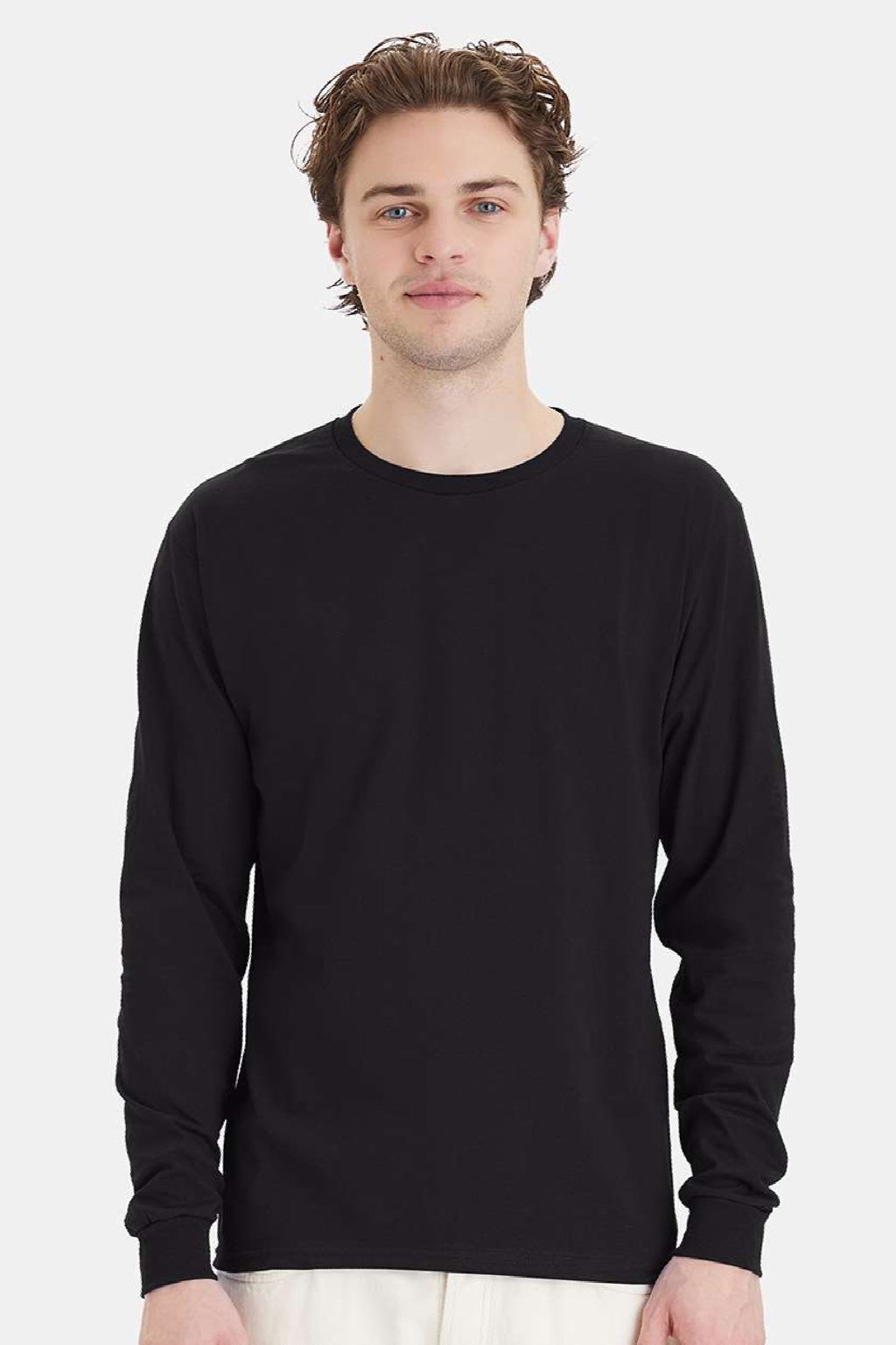 Hanes 5286 Mens Essential-T Long Sleeve Crewneck T-Shirt Black Model Front