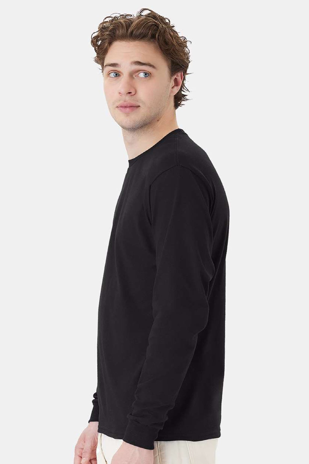 Hanes 5286 Mens Essential-T Long Sleeve Crewneck T-Shirt Black Model Side