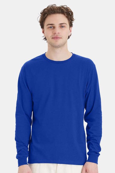 Hanes 5286 Mens Essential-T Long Sleeve Crewneck T-Shirt Deep Royal Blue Model Front